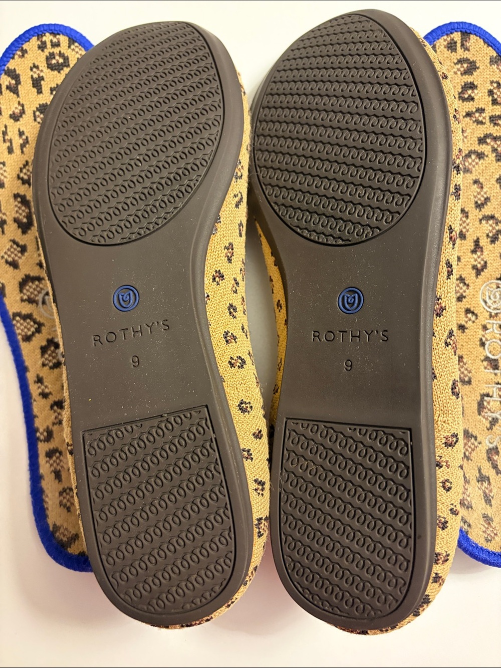 Rothy's Leopard Print Flats with Blue Trim and Lime Insole - Picture 2 of 3